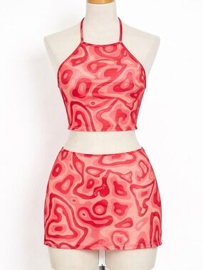 OMIGHTY | Pink | Mesh | Halter Top & Mini Skirt Set | Y2K | Sheer | Festival